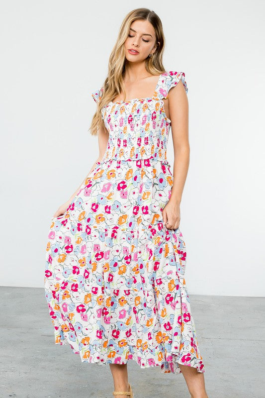 Astrid Smocked Floral Print Tiered Midi Dress