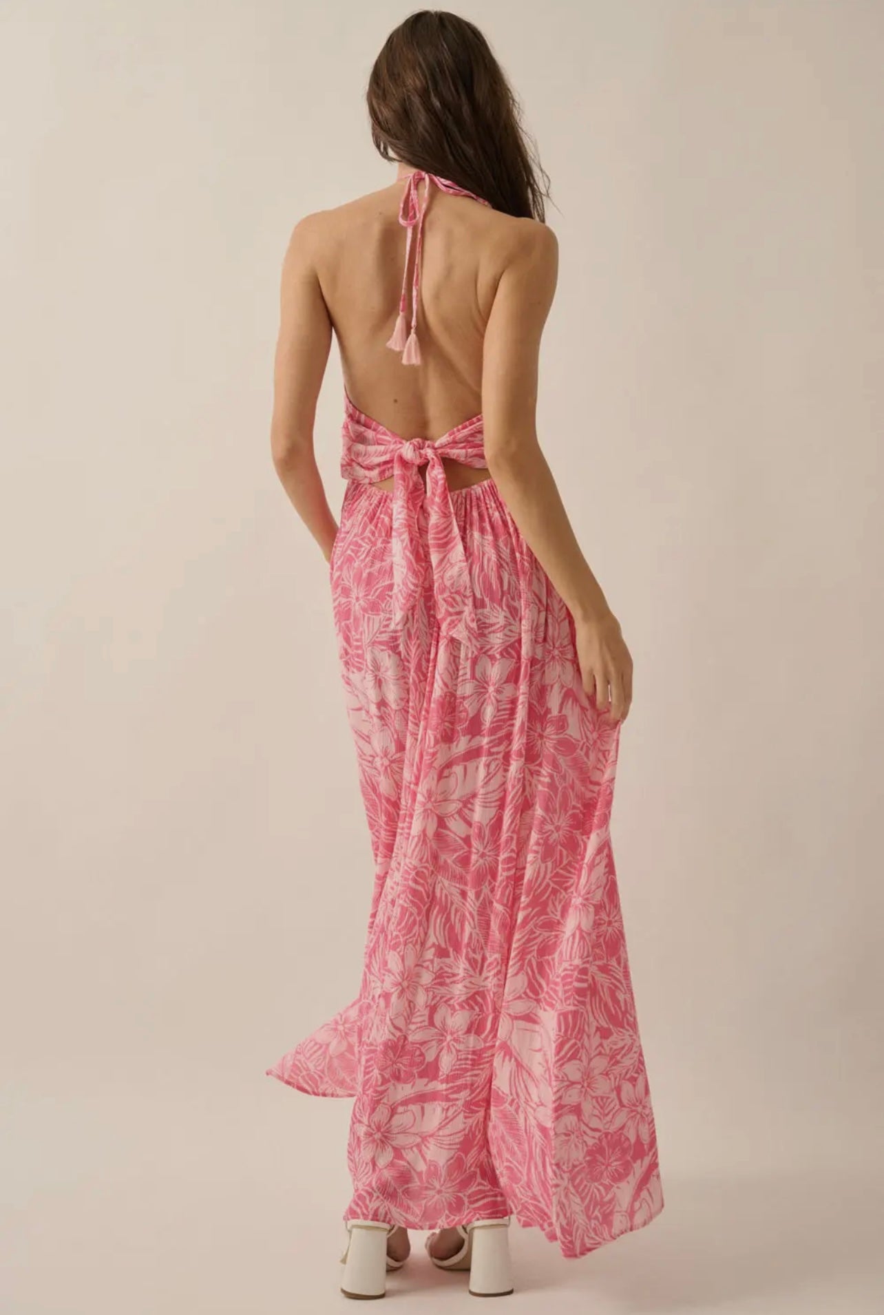 Floral Crepe Plunging-Neck HalterMaxi Dress