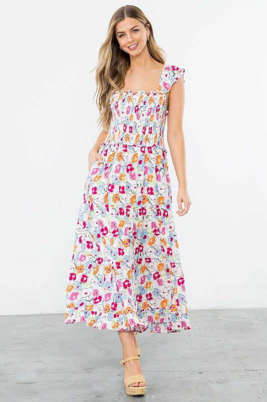 Astrid Smocked Floral Print Tiered Midi Dress