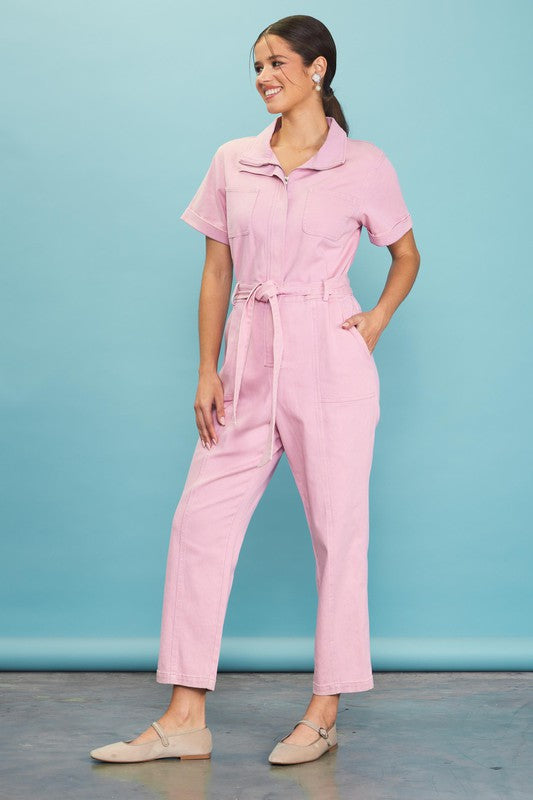 Margot Pink Zip-Up Utility Jumpsuit