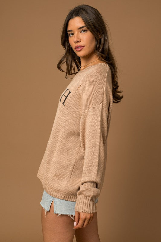 BEACH BUM Round Neck Long Sleeve Knit Sweater