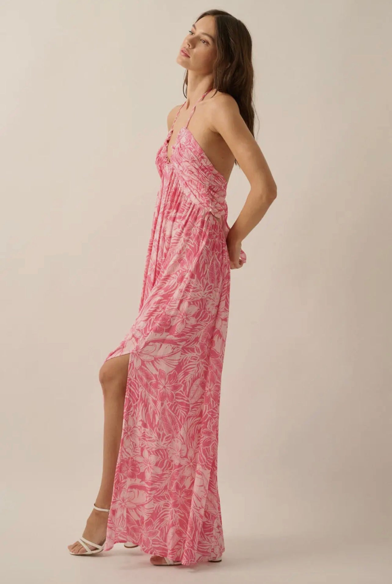 Floral Crepe Plunging-Neck HalterMaxi Dress
